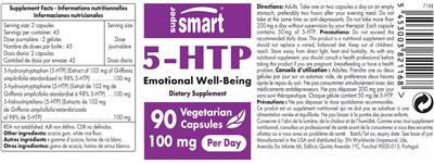 SuperSmart 5-HTP 100 mg source label used in the packaging illustration