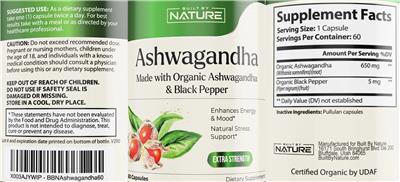 Built By Nature Ashwagandha Extra Strength source label used in the packaging illustration