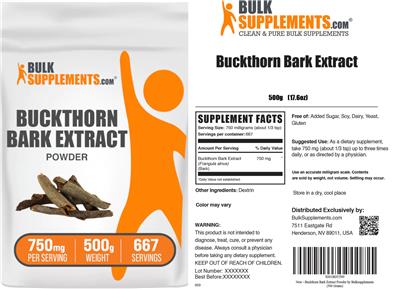 BulkSupplements.com Buckthorn Bark Extract Powder 750 mg source label used in the packaging illustration