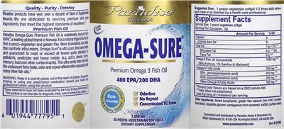 Paradise Omega-Sure 1000 mg source label used in the packaging illustration