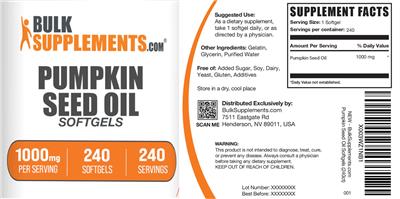 BulkSupplements.com Pumpkin Seed Oil Softgels 1000 mg source label used in the packaging illustration