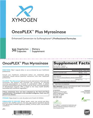 XYMOGEN OncoPLEX Plus Myrosinase source label used in the packaging illustration