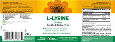 Country Life L-Lysine 500 mg source label used in the packaging illustration
