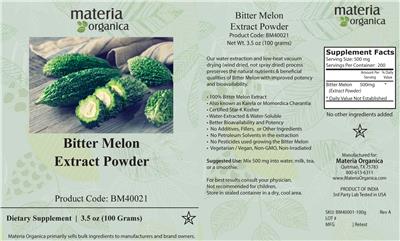 Materia Organica Bitter Melon Extract Powder source label used in the packaging illustration