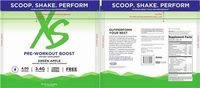 XS Pre-Workout Boost Green Apple source label used in the packaging illustration
