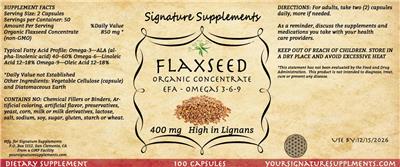 Signature Supplements Flaxseed 400 mg source label used in the packaging illustration