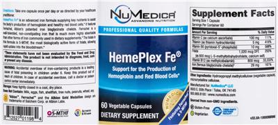 NuMedica HemePlex Fe source label used in the packaging illustration