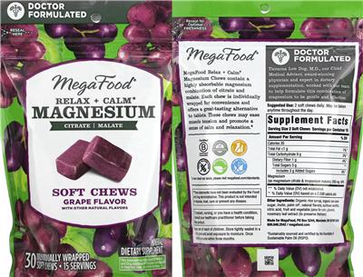 MegaFood Relax + Calm Magnesium Soft Chews Grape Flavor product packaging
