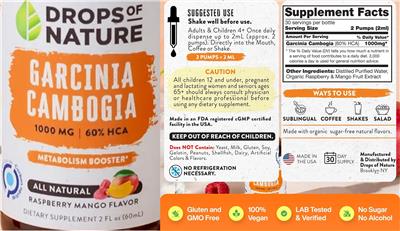 Drops of Nature Garcinia Cambogia 1000 mg Raspberry Mango Flavor product packaging