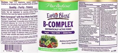 Paradise Earth's Blend B-Complex source label used in the packaging illustration