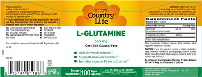 Country Life L-Glutamine 500 mg source label used in the packaging illustration