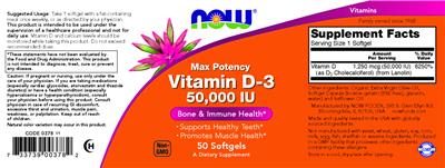 NOW Vitamin D-3 50000 IU product packaging