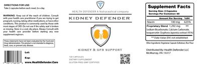 Health Defender A Nutraceutical Company Kidney Defender source label used in the packaging illustration