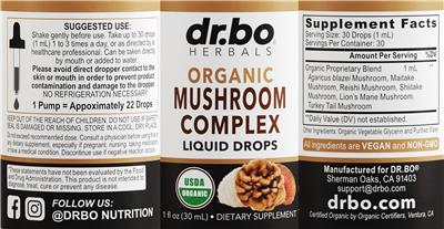 dr.bo HERBALS Organic Mushroom Complex Liquid Drops source label used in the packaging illustration