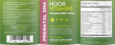 Noor Vitamins Prenatal DHA+ Ginger source label used in the packaging illustration