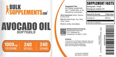 BulkSupplements.com Avocado Oil Softgels 1000 mg source label used in the packaging illustration