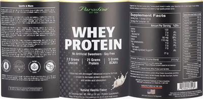Paradise Whey Protein Natural Vanilla Flavor source label used in the packaging illustration