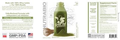 NutraBio Grass Fed Whey Protein Isolate Matcha Latte source label used in the packaging illustration