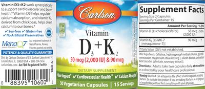 Carlson Vitamin D3 50 mcg (2000 IU) & K2 90 mcg source label used in the packaging illustration