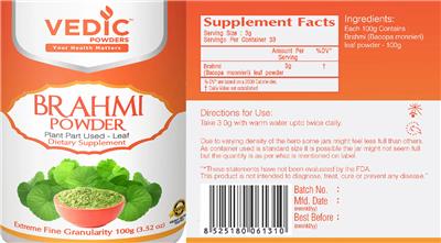 Vedic Powders Brahmi Powder source label used in the packaging illustration