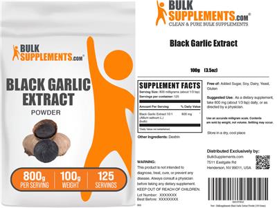 BulkSupplements.com Black Garlic Extract Powder 800 g source label used in the packaging illustration