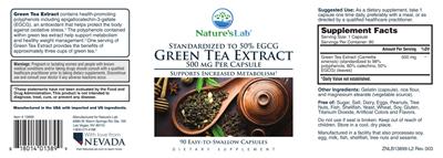 Nature's Lab Green Tea Extract 500 mg source label used in the packaging illustration