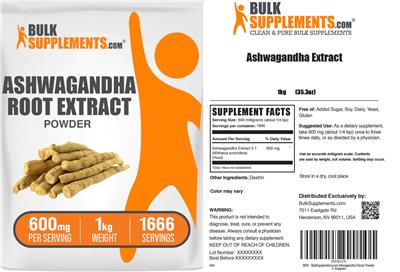 BulkSupplements.com Ashwagandha Root Extract Powder 600 mg source label used in the packaging illustration
