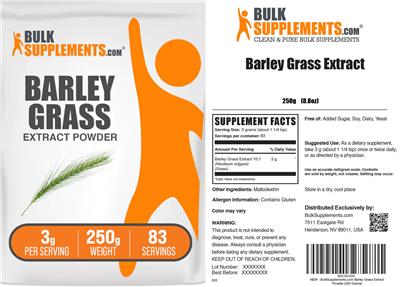 BulkSupplements.com Barley Grass Extract Powder 3 g source label used in the packaging illustration