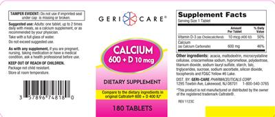 Geri-Care Calcium 600 + D 10 mcg source label used in the packaging illustration