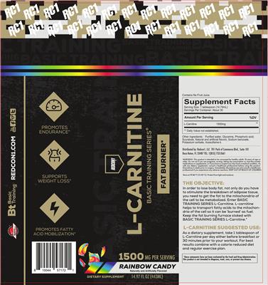 Redcon1 Basic Training Series L-Carnitine 1500 mg Rainbow Candy source label used in the packaging illustration