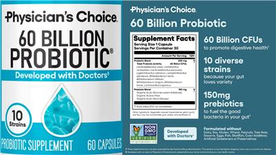 Physician's Choice 60 Billion Probiotic source label used in the packaging illustration
