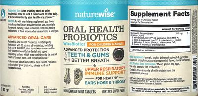 NatureWise Oral Health Probiotics WiseBiotics Mint source label used in the packaging illustration
