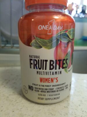 Bayer One A Day Women's Natural Fruit Bites Multivitamin source label used in the packaging illustration