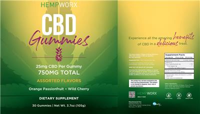 HempWorx CBD Gummies Assorted Flavors 750 mg source label used in the packaging illustration