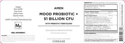 Codeage Amen Mood Probiotic + 51 Billion CFU source label used in the packaging illustration
