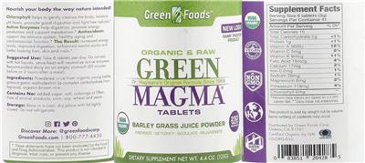 Green Foods Green Magma Tablets source label used in the packaging illustration