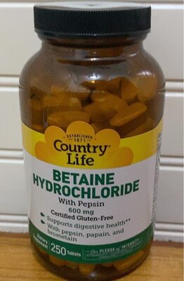 Country Life Betaine Hydrochloride 600 mg With Pepsin source label used in the packaging illustration