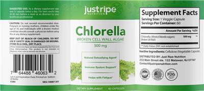 Just Ripe Nutrition Chlorella 500 mg source label used in the packaging illustration