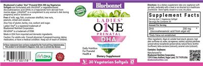Bluebonnet Ladies One Prenatal DHA 200 mg source label used in the packaging illustration