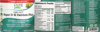 Pure Essence Ionic-Fizz Super D-K Calcium Plus Raspberry-Lemonade Flavor source label used in the packaging illustration