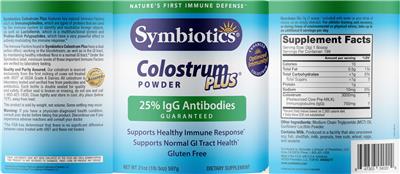 Symbiotics Colostrum Plus Powder source label used in the packaging illustration