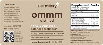 CBDistillery ommm distilled CBDA 500 mg + CBD 500 mg Oil Full Spectrum Blend Raw Hemp Flavor product packaging