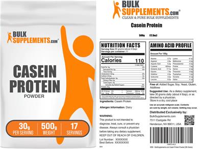 BulkSupplements.com Casein Protein Powder 30 g source label used in the packaging illustration