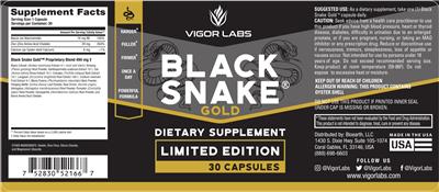 Vigor Labs Black Snake Gold source label used in the packaging illustration