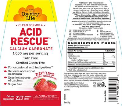 Country Life Acid Rescue Berry Flavor source label used in the packaging illustration