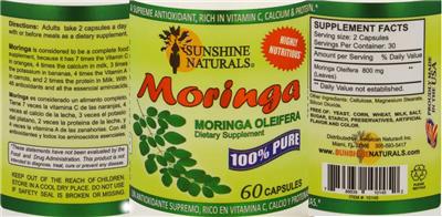 Sunshine Naturals Moringa source label used in the packaging illustration