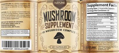 Built By Nature Mushroom Supplement source label used in the packaging illustration