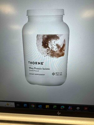 Thorne Whey Protein Isolate Chocolate Flavored source label used in the packaging illustration