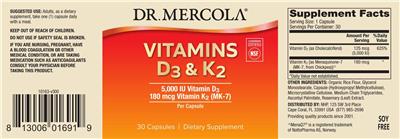 Dr. Mercola Vitamins D3 5000 IU & K2 (MK-7) 180 mcg source label used in the packaging illustration
