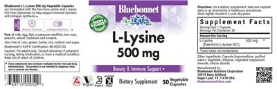Bluebonnet L-Lysine 500 mg source label used in the packaging illustration